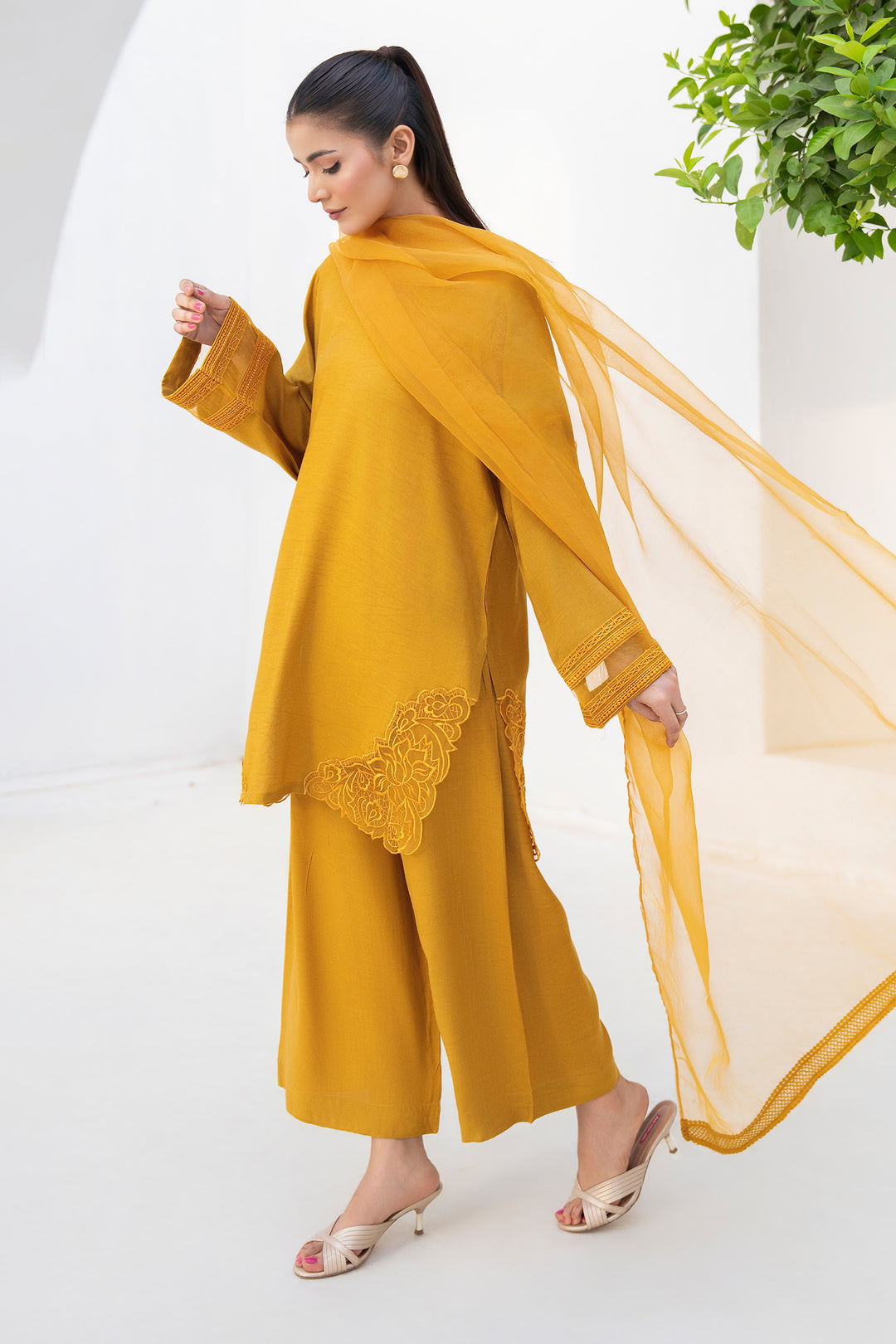 Mustard Raw Silk Embroidery 3PC Suit