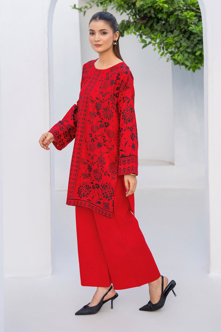 Red Slub By Slub Hand Printed 2PC Suit