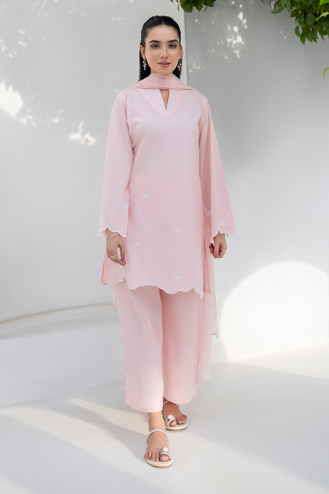 Peach Plain Cotton Embroidery 3PC Suit