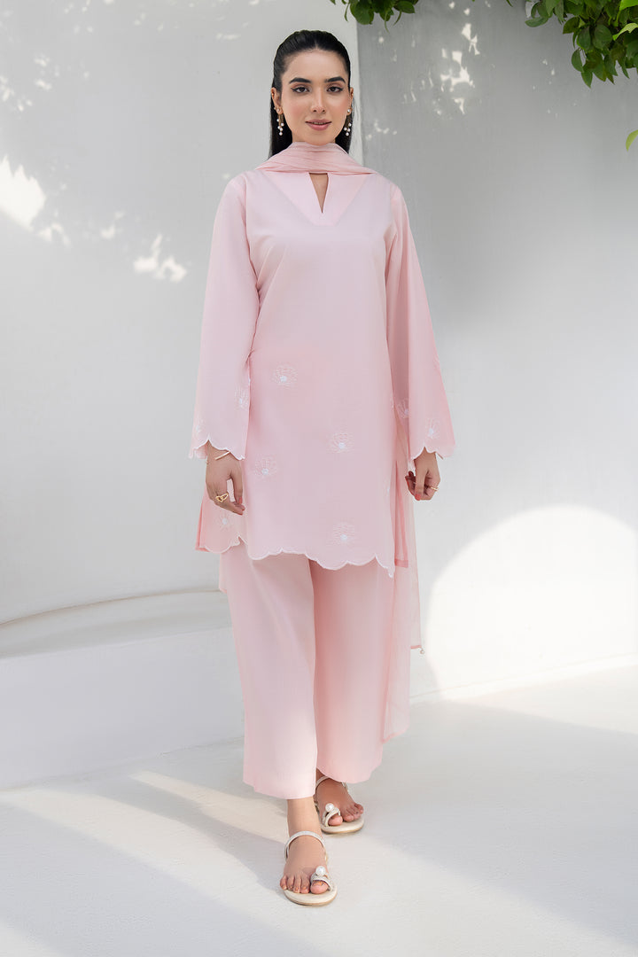 Peach Plain Cotton Embroidery 3PC Suit