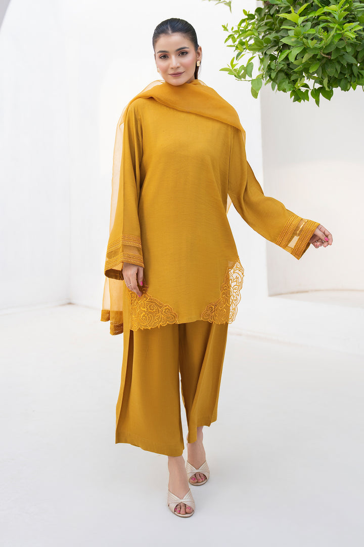 Mustard Raw Silk Embroidery 3PC Suit