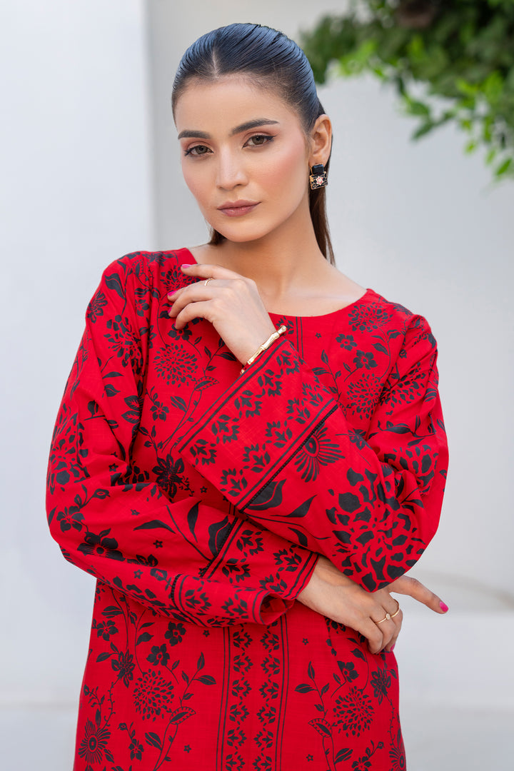 Red Slub By Slub Hand Printed 2PC Suit
