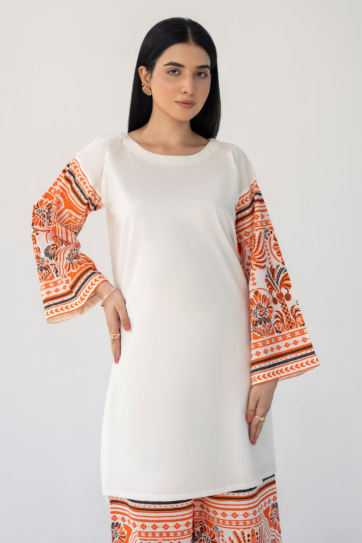 Off-White & Orange Hand Print Cotton 2PC Suit