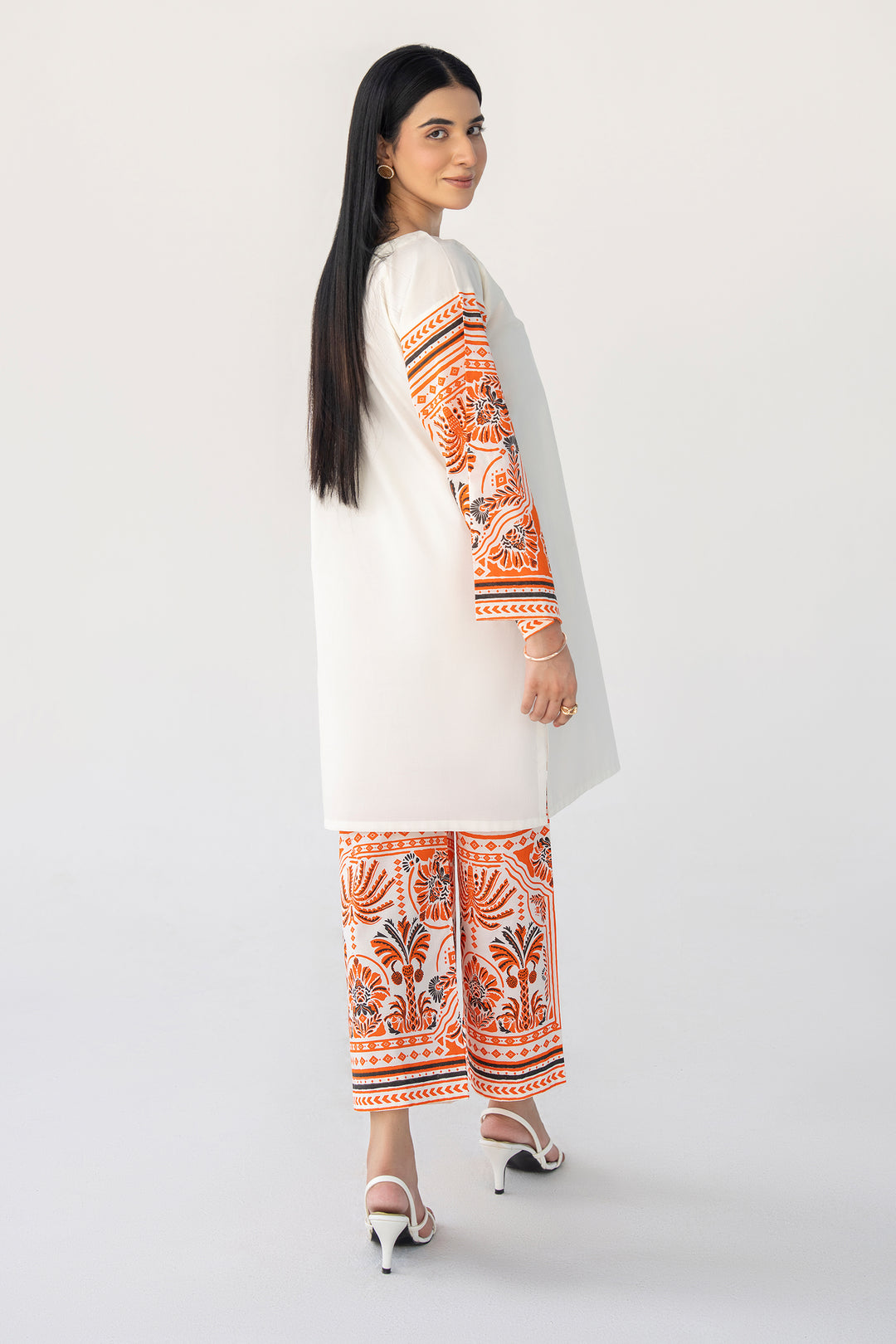 Off-White & Orange Hand Print Cotton 2PC Suit