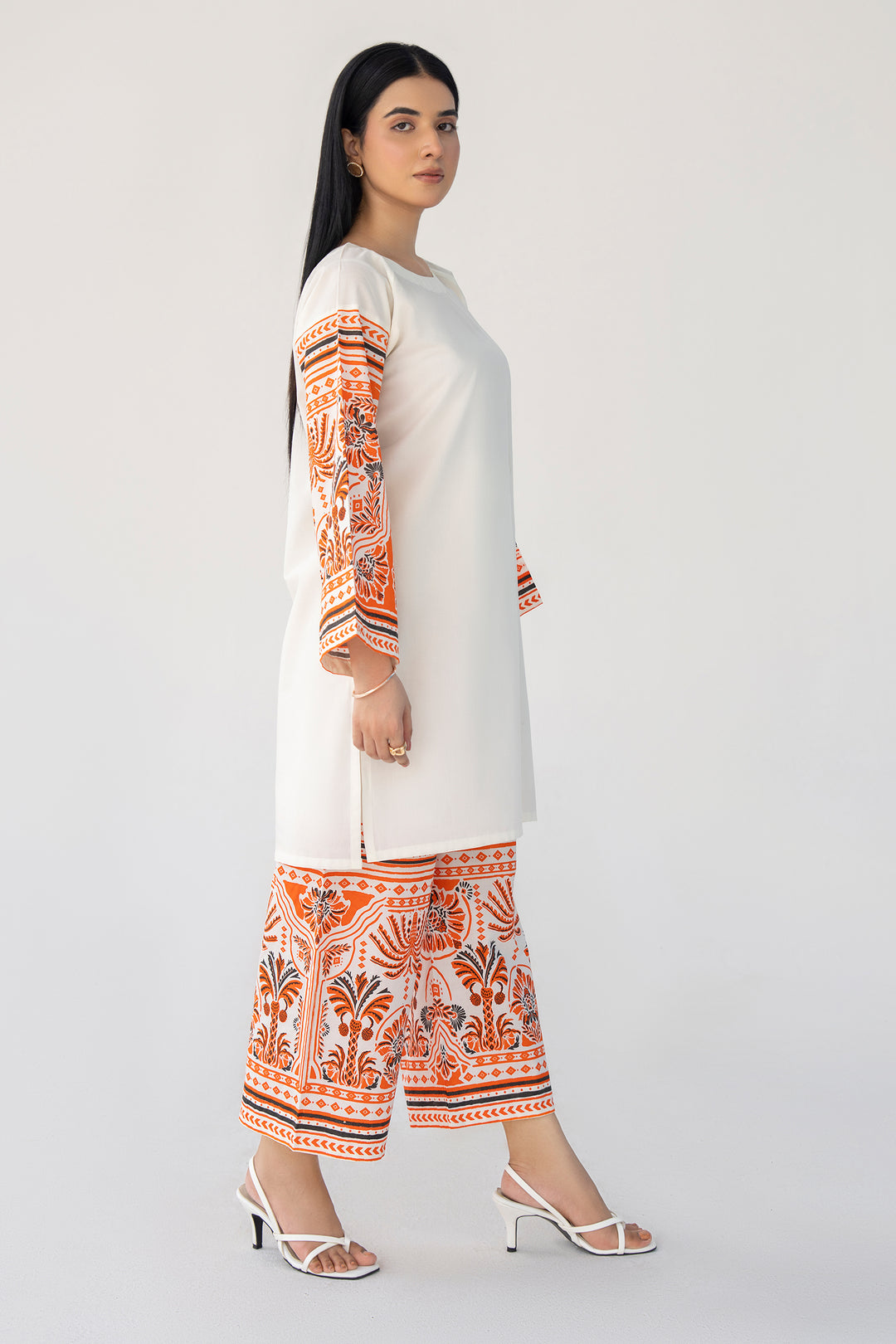 Off-White & Orange Hand Print Cotton 2PC Suit