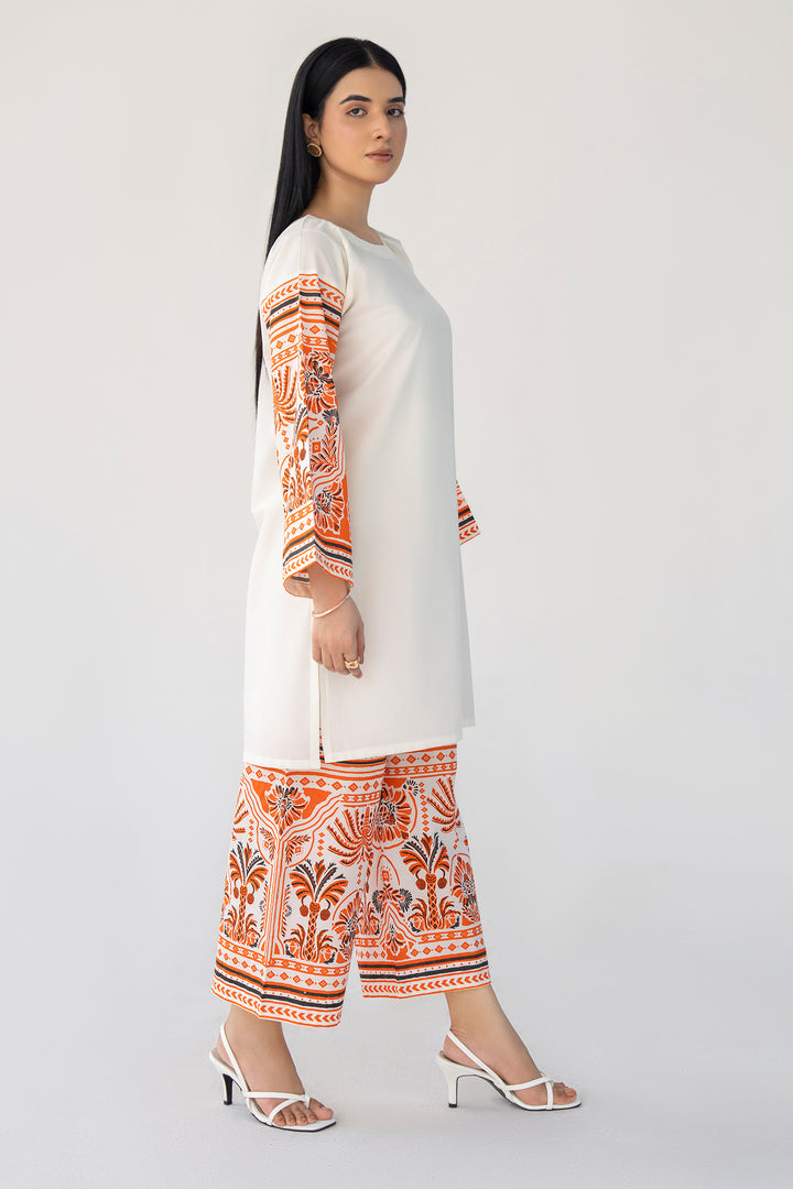 Off-White & Orange Hand Print Cotton 2PC Suit