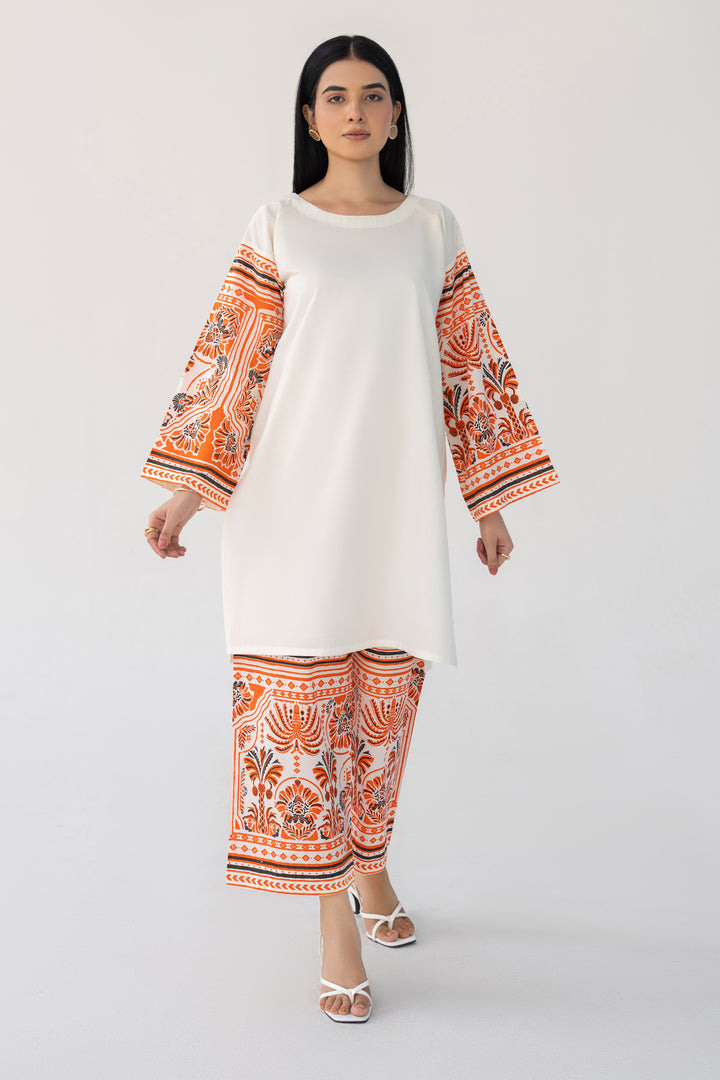 Off-White & Orange Hand Print Cotton 2PC Suit