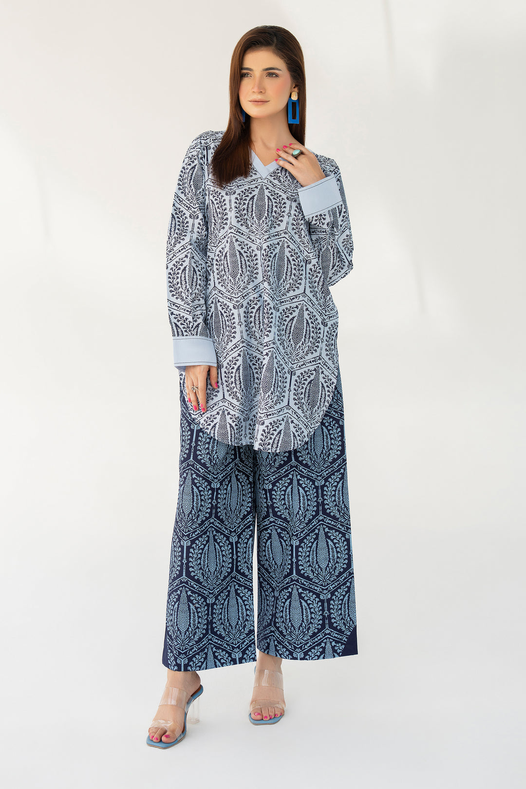 Navy/Ice Blue Hand Print Cotton 2PC Suit