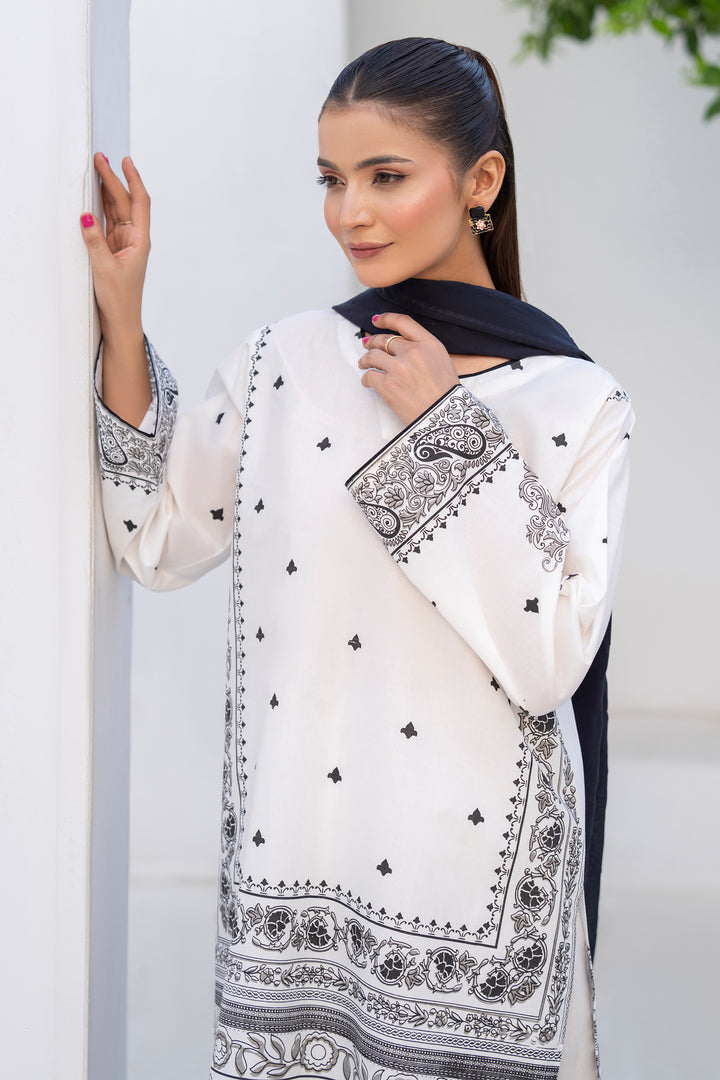 White & Black Hand Print Cotton 3PC Suit