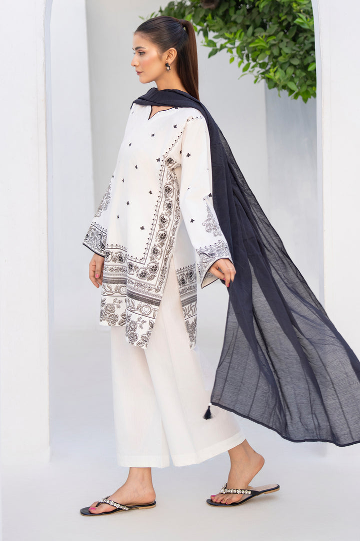 White & Black Hand Print Cotton 3PC Suit