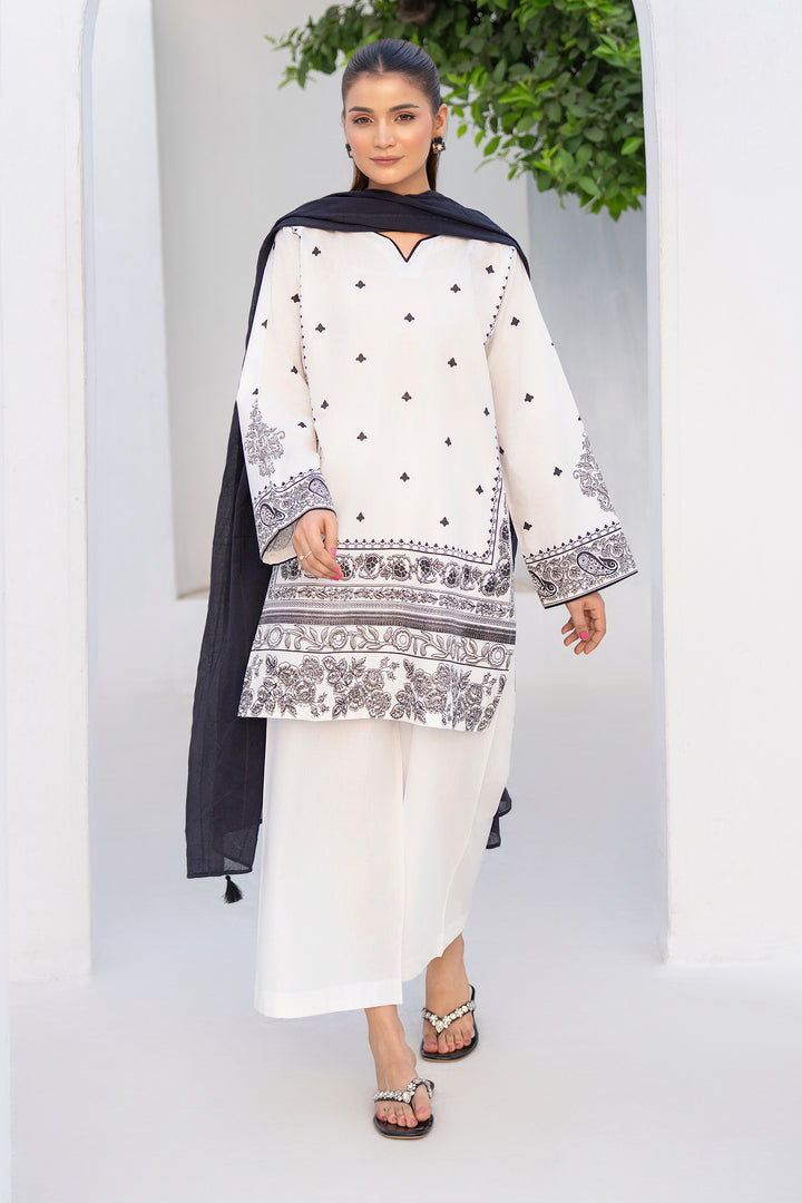 White & Black Hand Print Cotton 3PC Suit