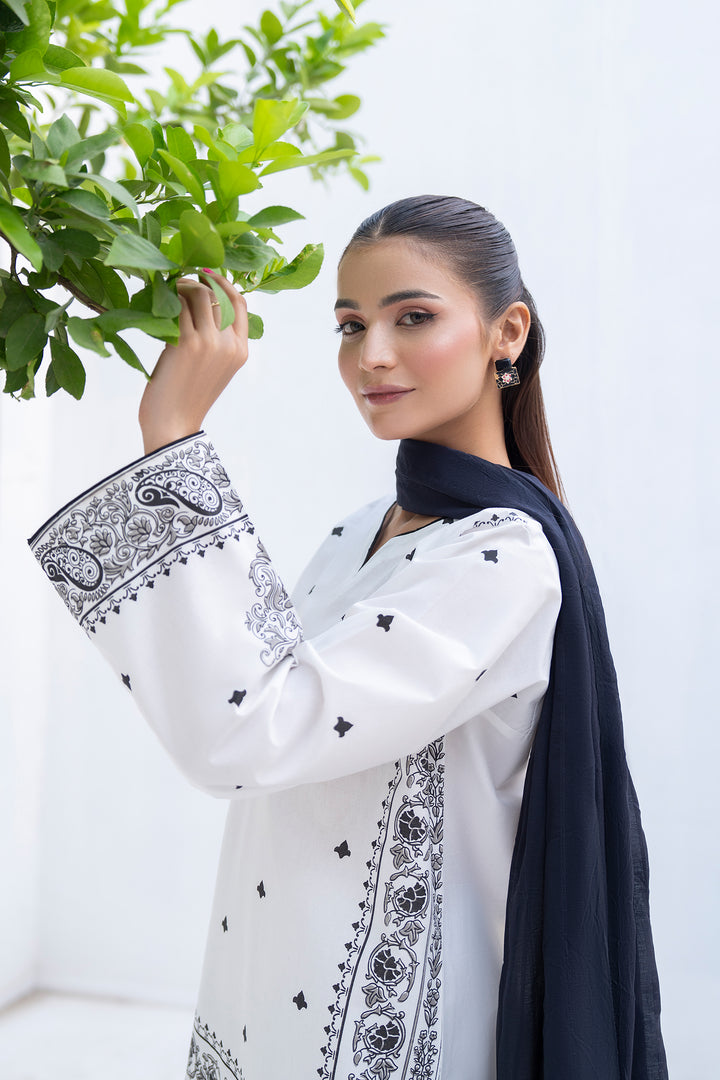 White & Black Hand Print Cotton 3PC Suit