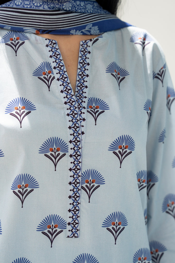 Sky Blue Digital Print Lawn 3PC Suit