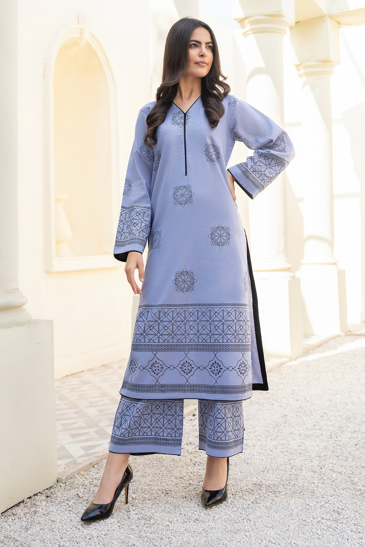 Steel Blue Hand Print Khaddar 2 Pc Suit