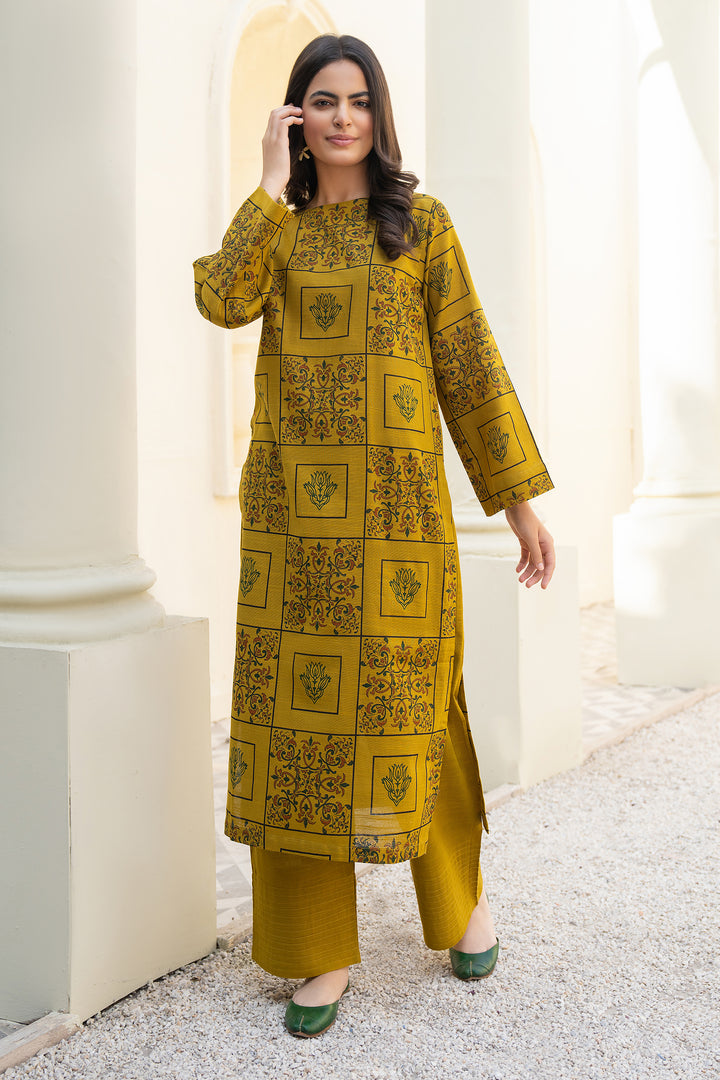 Olive Green Hand Print Khaddar 2 Pc Suit