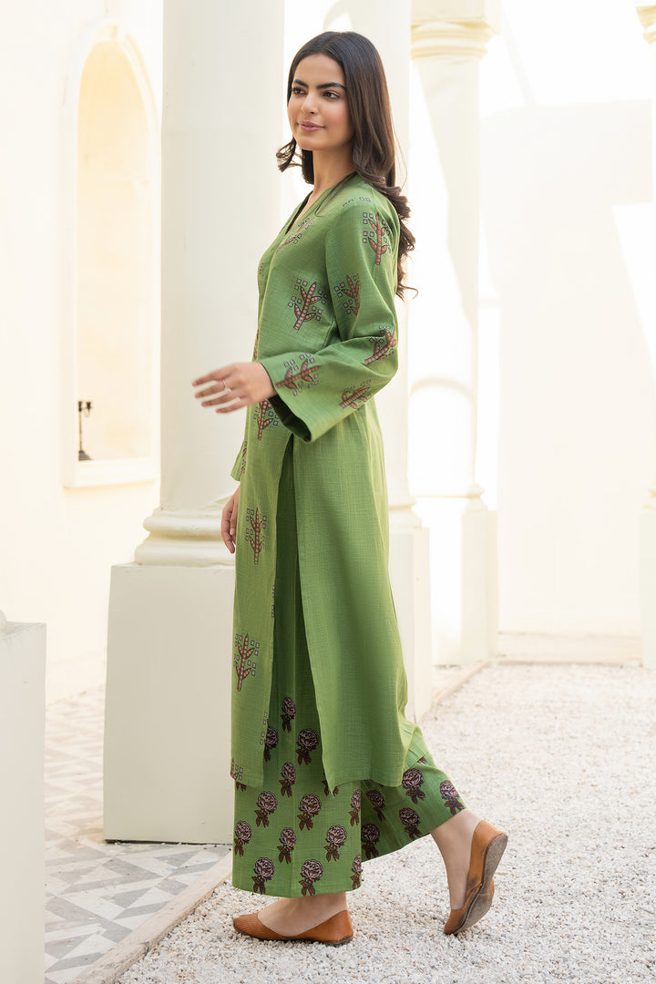 Leaf Green Hand Print Khaddar 2 Pc Suit