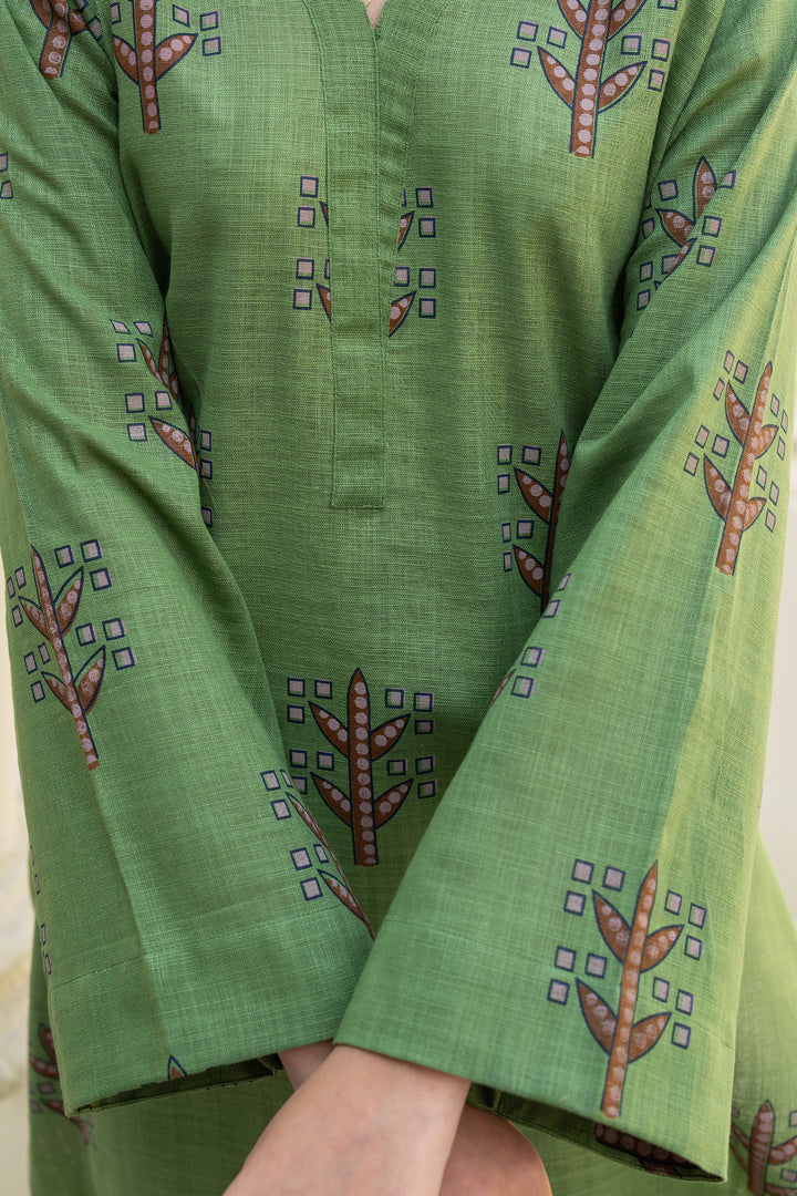 Leaf Green Hand Print Khaddar 2 Pc Suit