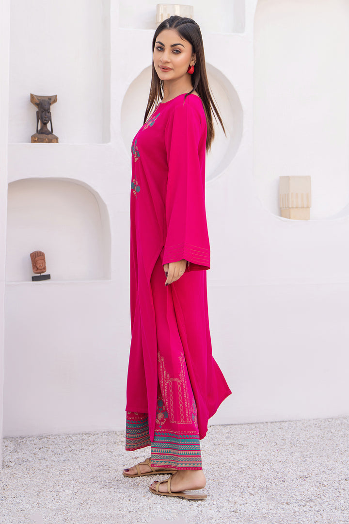 Fuchsia Pink Hand Print  Karandi 2 Pc Suit