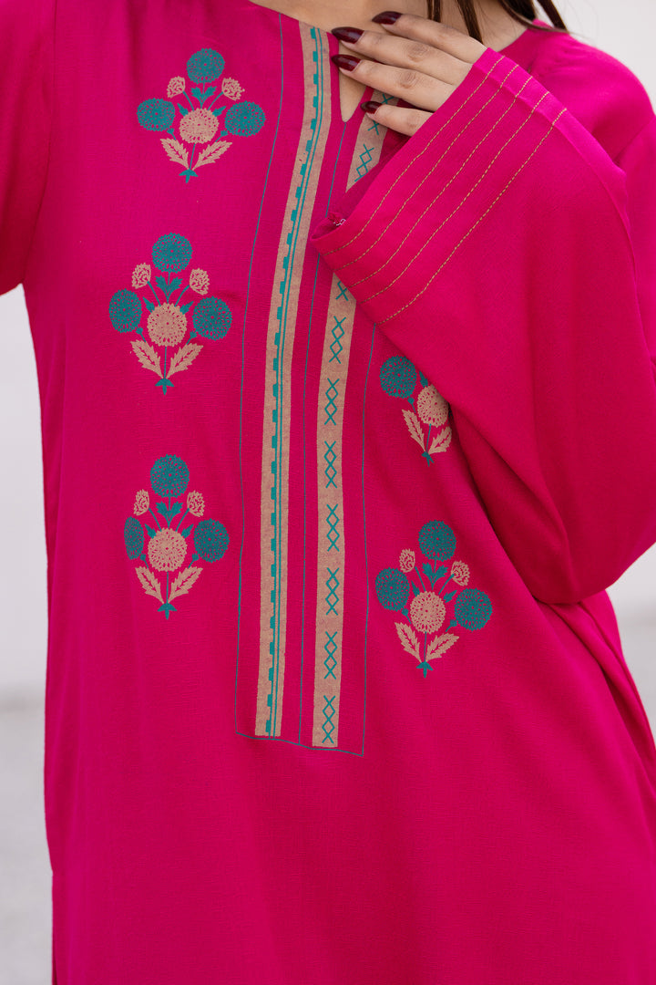 Fuchsia Pink Hand Print  Karandi 2 Pc Suit