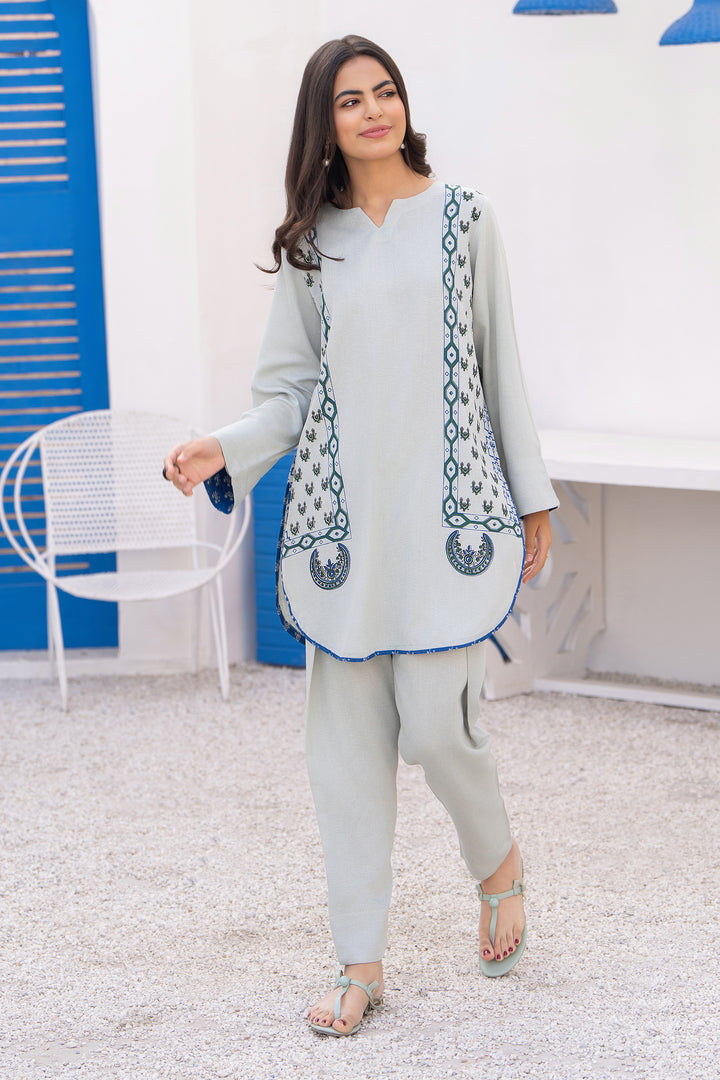 Ice Blue Hand Print  Karandi 2 Pc Suit