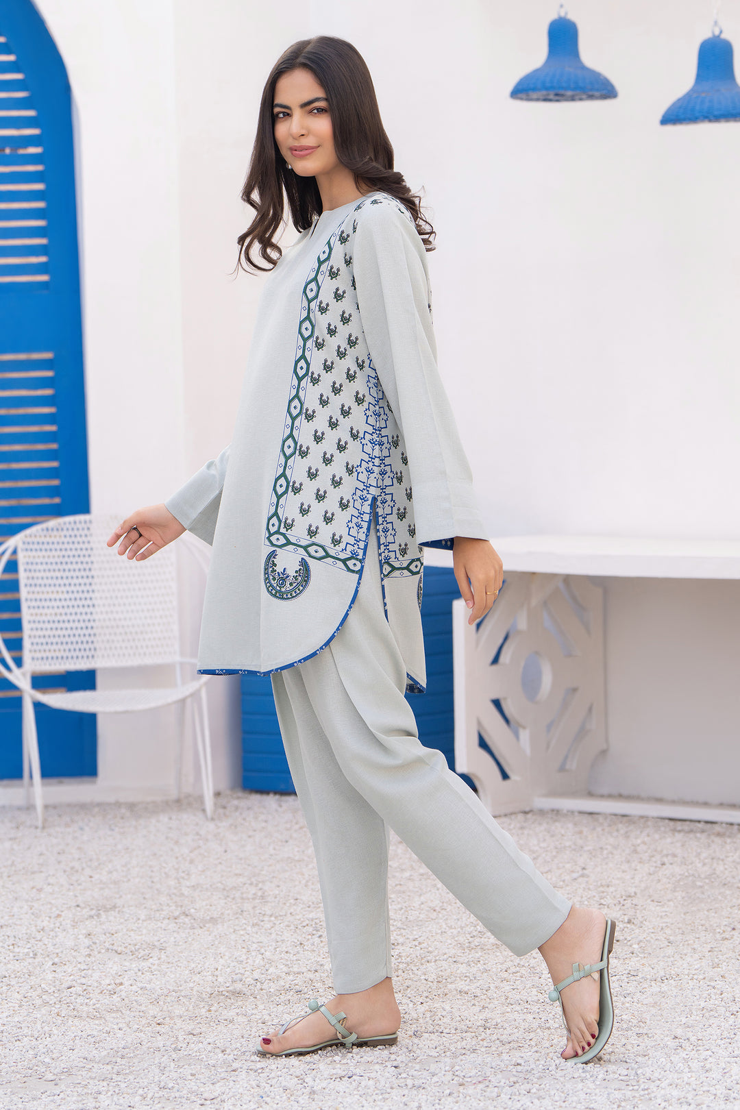 Ice Blue Hand Print  Karandi 2 Pc Suit