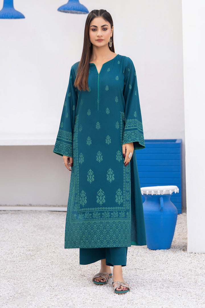 Teal Hand Print Karandi 2 Pc Suit